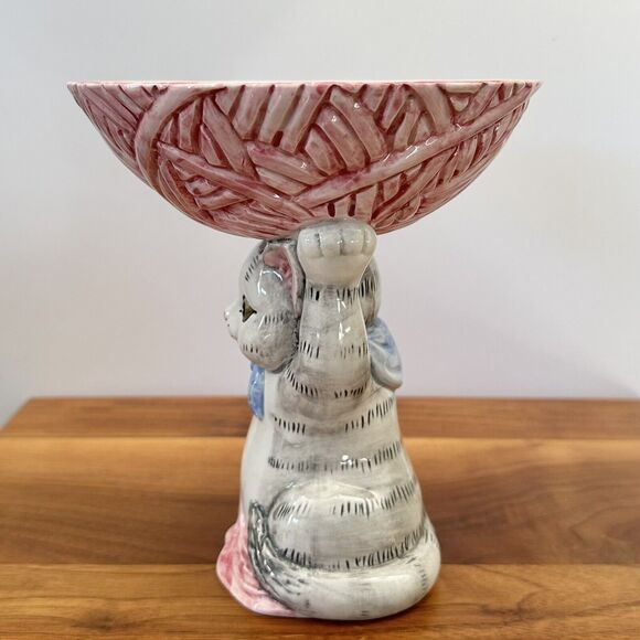 Vintage Kitty Cat Gray Tabby Kitten Yarn Ball Holder Bowl OCI Fitz & Floyd FLAWS - Picture 2 of 15